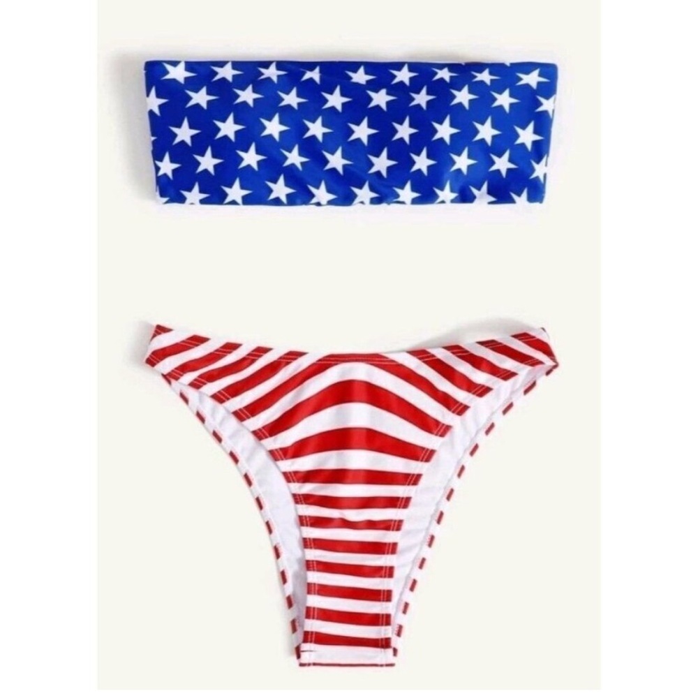 Shein Small Star Striped Print Bandeau Bikini USA Patriotic Swimsuit Flag NWOT